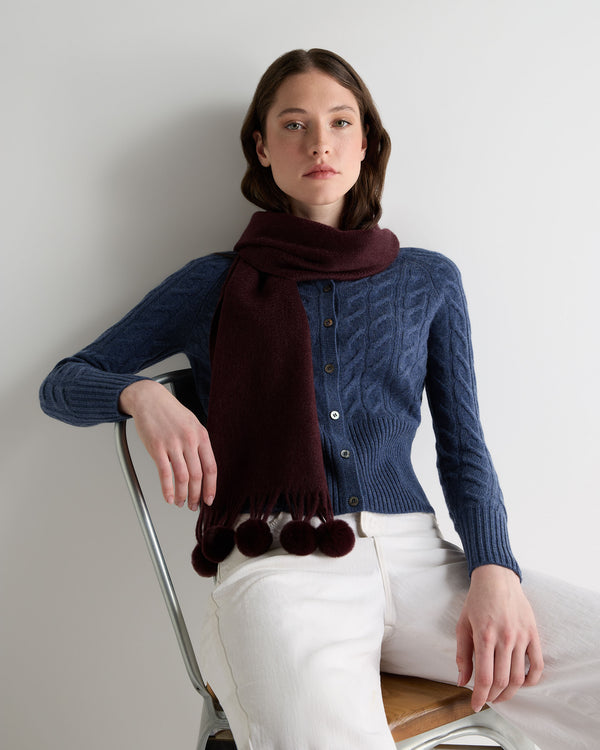 N.Peal Women's Davos Fur Bobble Cashmere Scarf Claret Red