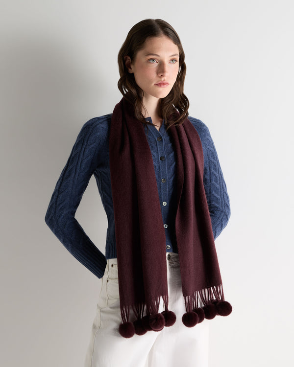 N.Peal Women's Davos Fur Bobble Cashmere Scarf Claret Red