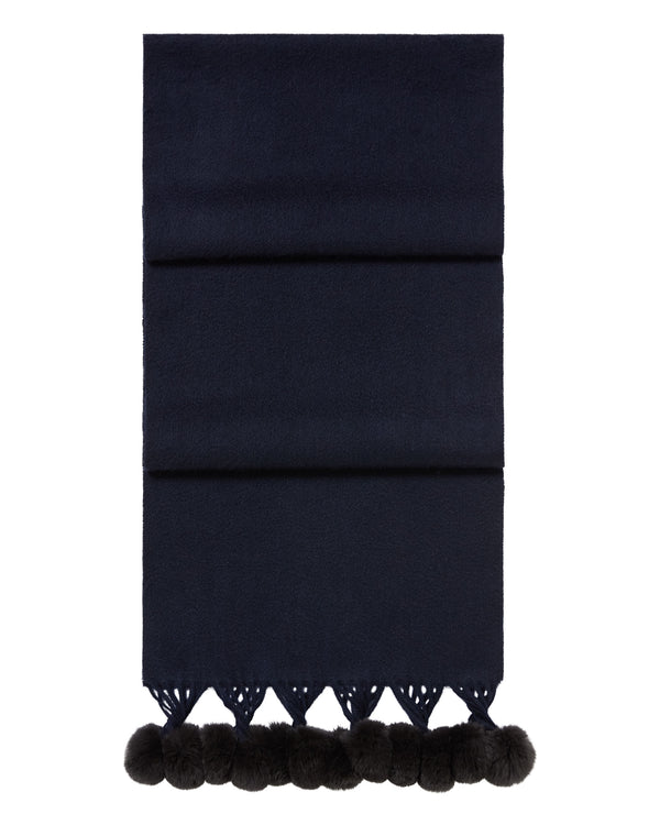 N.Peal Women's Davos Fur Bobble Cashmere Scarf Navy Blue