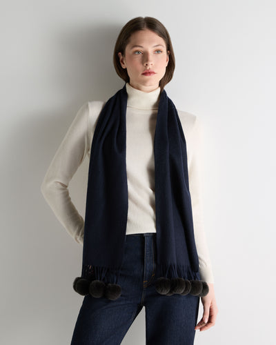 N.Peal Women's Davos Fur Bobble Cashmere Scarf Navy Blue