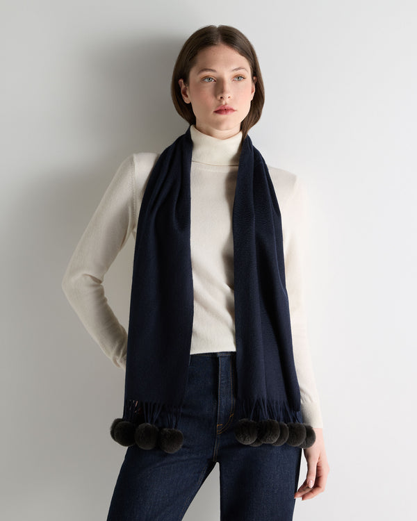 N.Peal Women's Davos Fur Bobble Cashmere Scarf Navy Blue