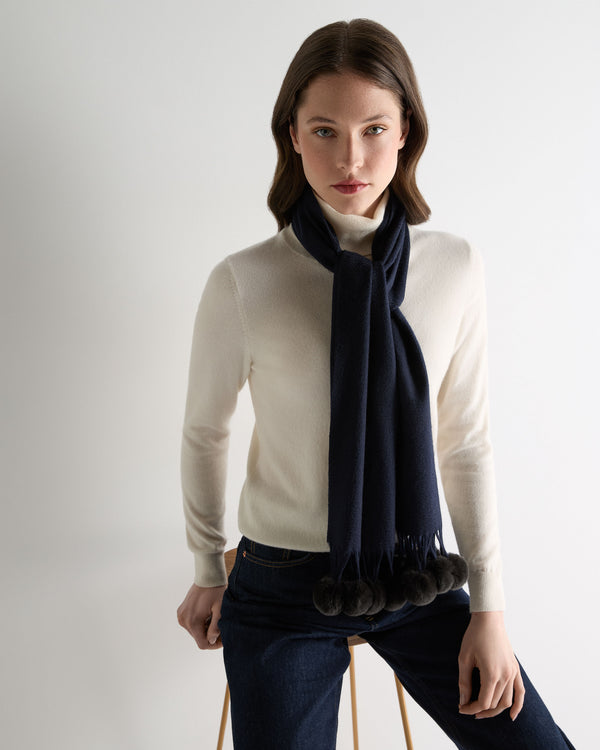 N.Peal Women's Davos Fur Bobble Cashmere Scarf Navy Blue