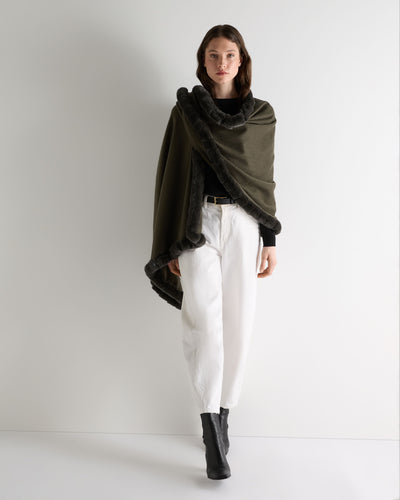 N.Peal Women's Meribel Woven Fur Trim Cashmere Shawl Arabica Khaki Green