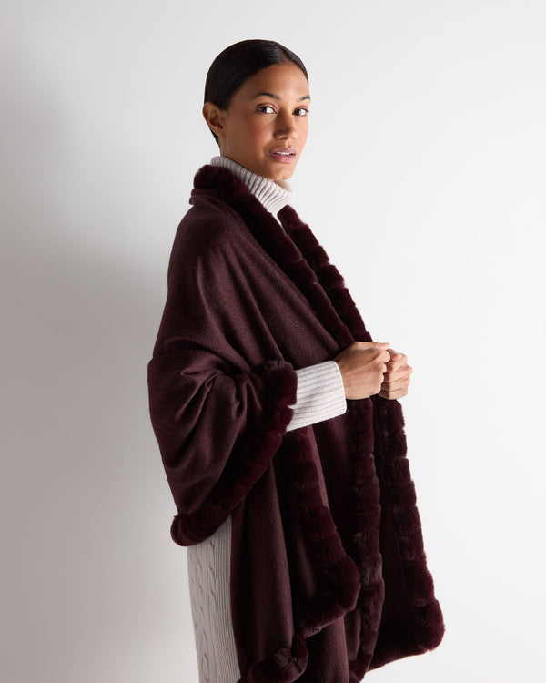 N.Peal Women's Meribel Woven Fur Trim Cashmere Shawl Claret Red