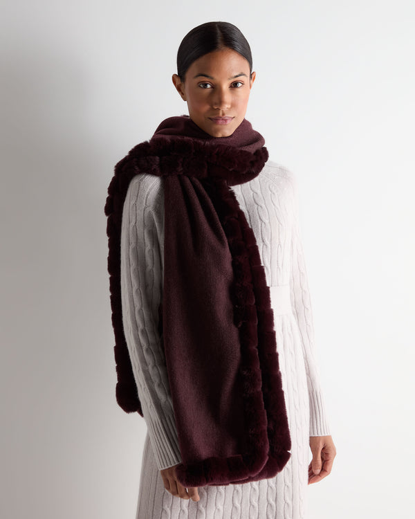 N.Peal Women's Meribel Woven Fur Trim Cashmere Shawl Claret Red