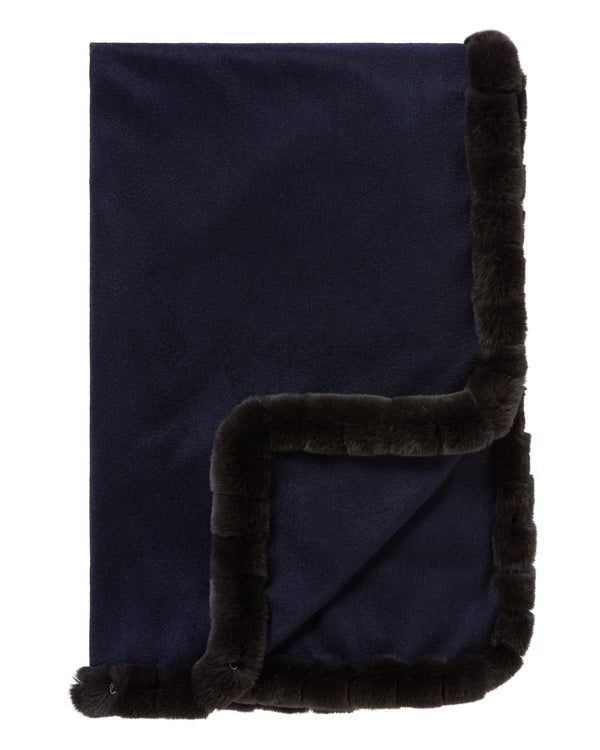 N.Peal Women's Meribel Woven Fur Trim Cashmere Shawl Navy Blue