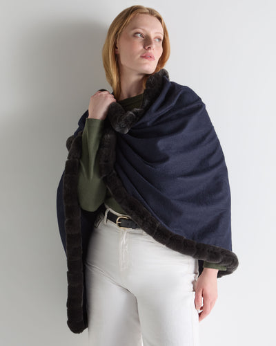 N.Peal Women's Meribel Woven Fur Trim Cashmere Shawl Navy Blue