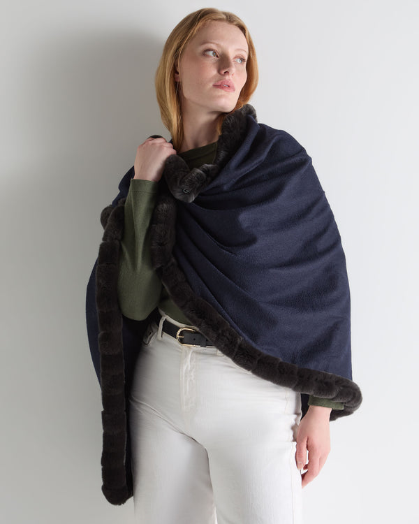 N.Peal Women's Meribel Woven Fur Trim Cashmere Shawl Navy Blue