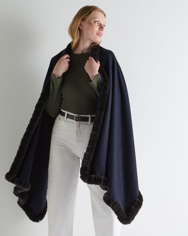 N.Peal Women's Meribel Woven Fur Trim Cashmere Shawl Navy Blue