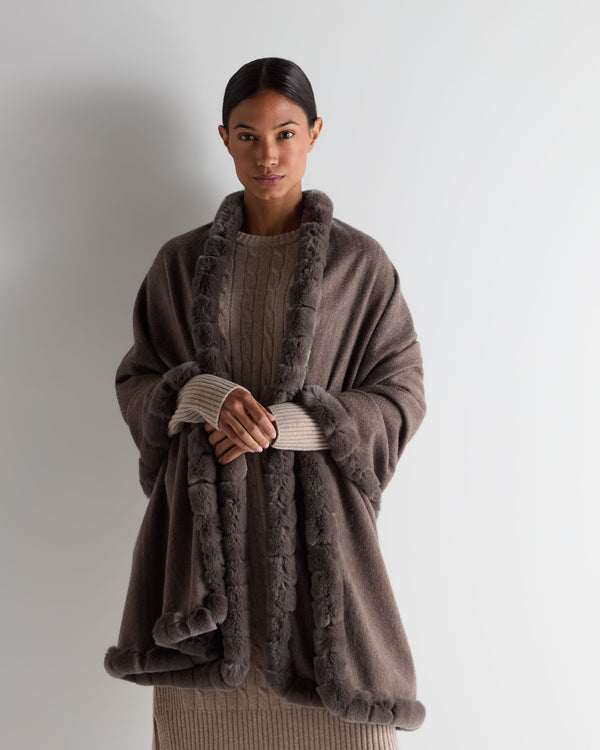 N.Peal Women's Meribel Woven Fur Trim Cashmere Shawl Otter Brown