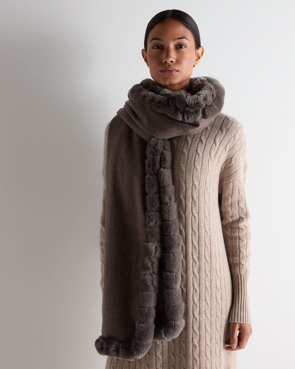 N.Peal Women's Meribel Woven Fur Trim Cashmere Shawl Otter Brown