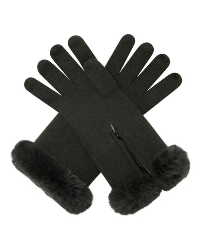 N.Peal Women's Fur Trim Cashmere Gloves Arabica Khaki Green