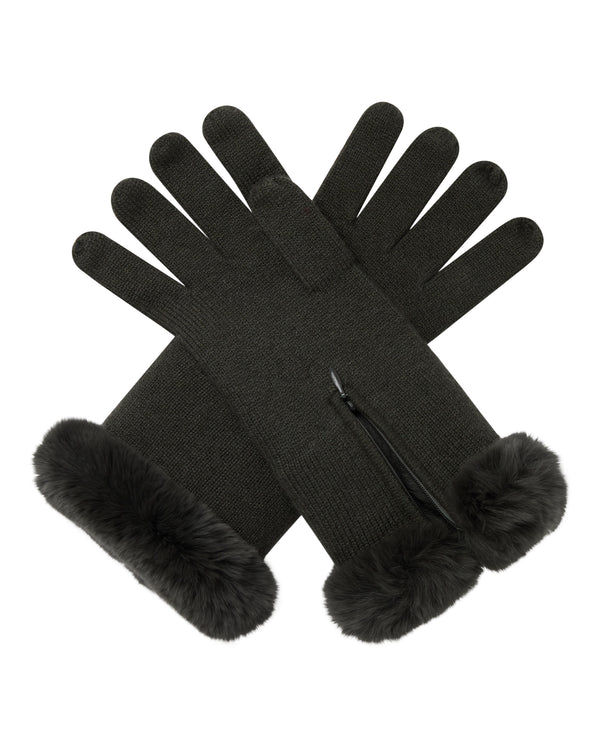 N.Peal Women's Fur Trim Cashmere Gloves Arabica Khaki Green