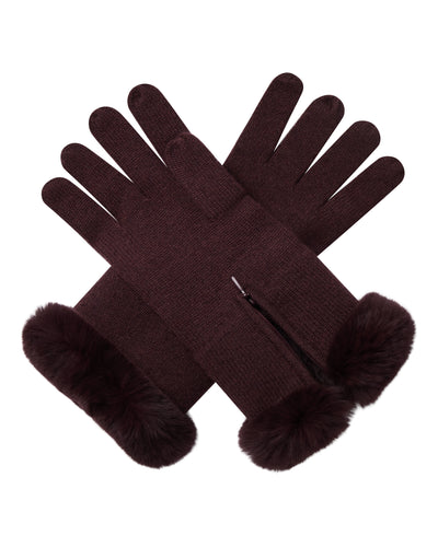 N.Peal Women's Fur Trim Cashmere Gloves Claret Red