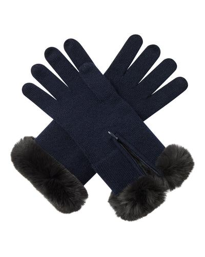N.Peal Women's Fur Trim Cashmere Gloves Navy Blue