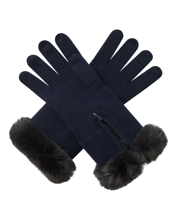 N.Peal Women's Fur Trim Cashmere Gloves Navy Blue
