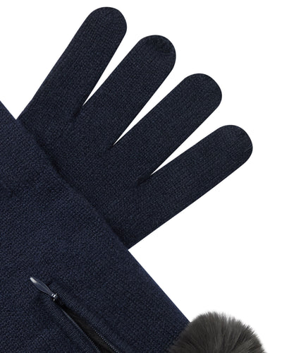 N.Peal Women's Fur Trim Cashmere Gloves Navy Blue