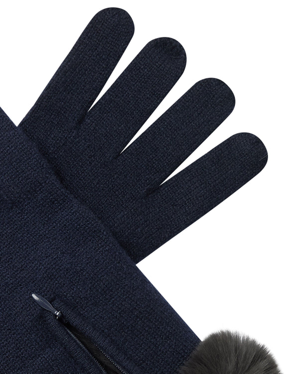 N.Peal Women's Fur Trim Cashmere Gloves Navy Blue