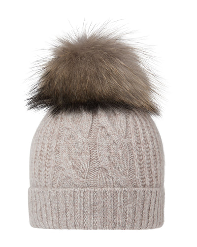 N.Peal Unisex Chunky Cable Cashmere Pom Hat Basilica Beige Brown Marl