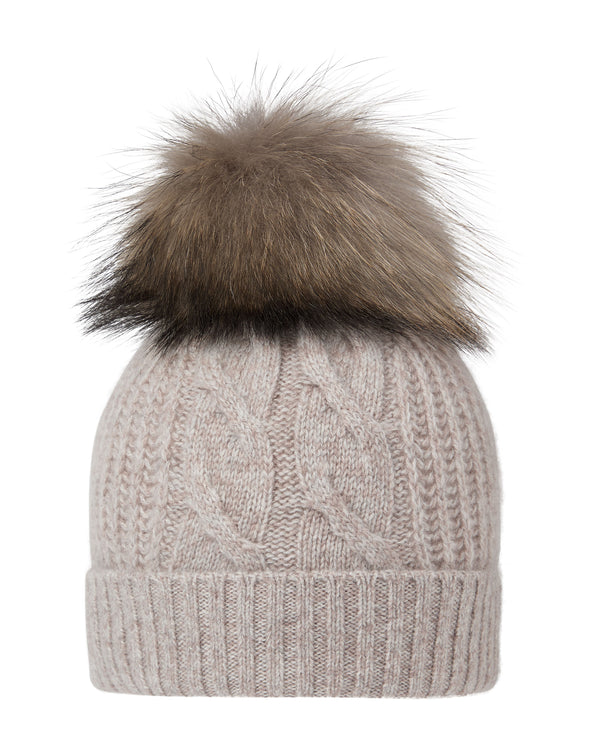 N.Peal Unisex Chunky Cable Cashmere Pom Hat Basilica Beige Brown Marl
