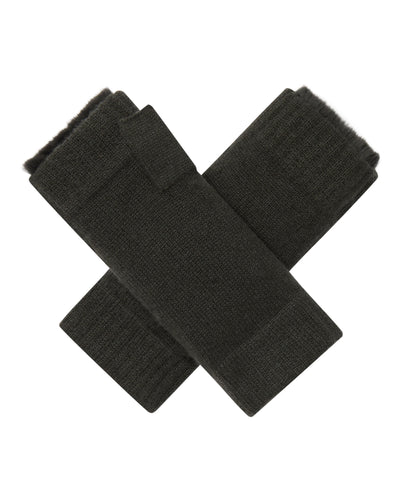 N.Peal Unisex Fur Lined Fingerless Cashmere Gloves Arabica Khaki Green