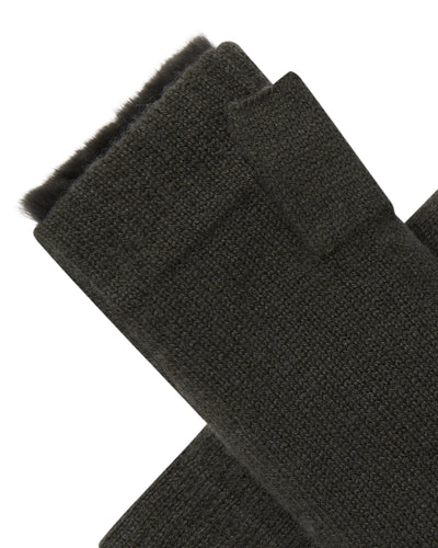 N.Peal Unisex Fur Lined Fingerless Cashmere Gloves Arabica Khaki Green