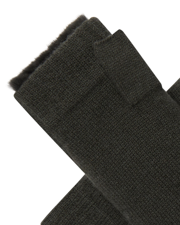N.Peal Unisex Fur Lined Fingerless Cashmere Gloves Arabica Khaki Green