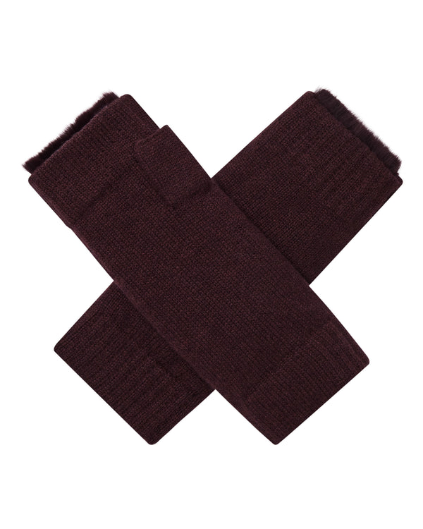 N.Peal Unisex Fur Lined Fingerless Cashmere Gloves Claret Red