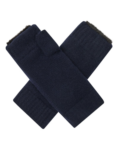 N.Peal Unisex Fur Lined Fingerless Cashmere Gloves Navy Blue