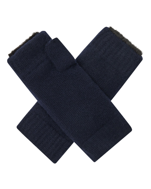 N.Peal Unisex Fur Lined Fingerless Cashmere Gloves Navy Blue