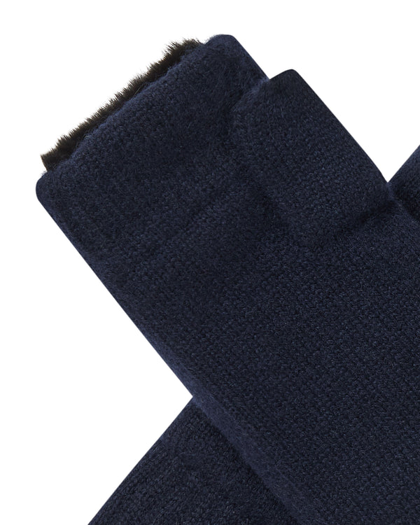 N.Peal Unisex Fur Lined Fingerless Cashmere Gloves Navy Blue