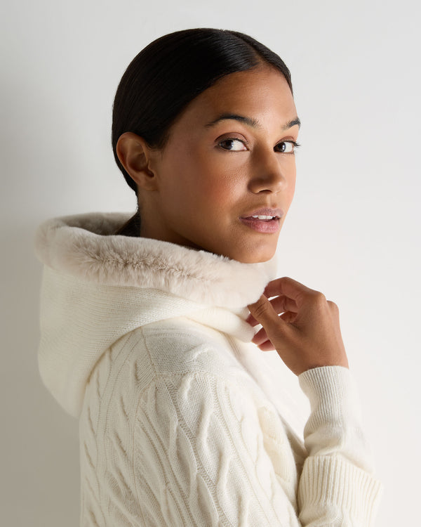 N.Peal Women's Fur Trim Ski Hood New Ivory White