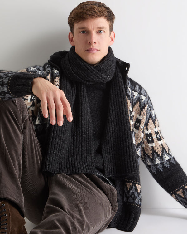 N.Peal Unisex Chunky Rib Cashmere Scarf Charcoal Grey Melange