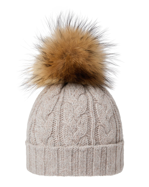 N.Peal Women's Cable Cashmere Hat With Fur Pom Basilica Beige Brown Marl
