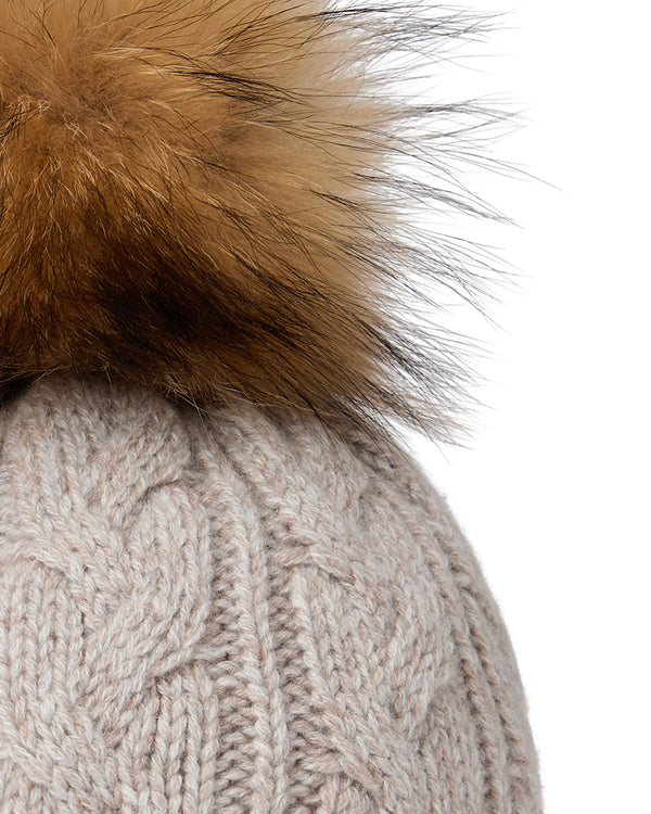 N.Peal Women's Cable Cashmere Hat With Fur Pom Basilica Beige Brown Marl