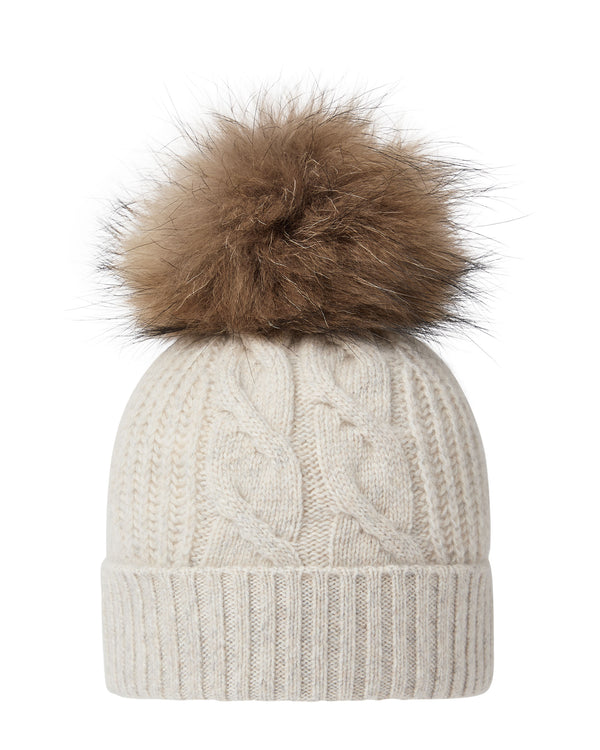 N.Peal Women's Cable Cashmere Hat With Fur Pom Ash Grey Marl