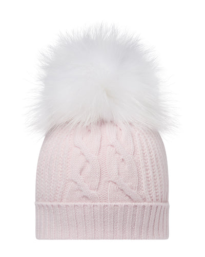 N.Peal Women's Cable Cashmere Hat With Fur Pom Chalk Pink