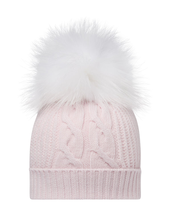 N.Peal Women's Cable Cashmere Hat With Fur Pom Chalk Pink