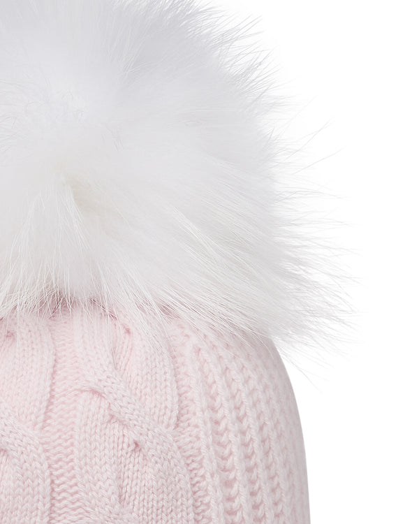 N.Peal Women's Cable Cashmere Hat With Fur Pom Chalk Pink