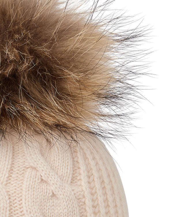 N.Peal Women's Cable Cashmere Hat With Fur Pom Ecru White