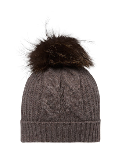 N.Peal Women's Cable Cashmere Hat With Fur Pom Otter Brown