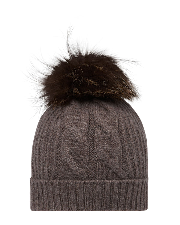 N.Peal Women's Cable Cashmere Hat With Fur Pom Otter Brown