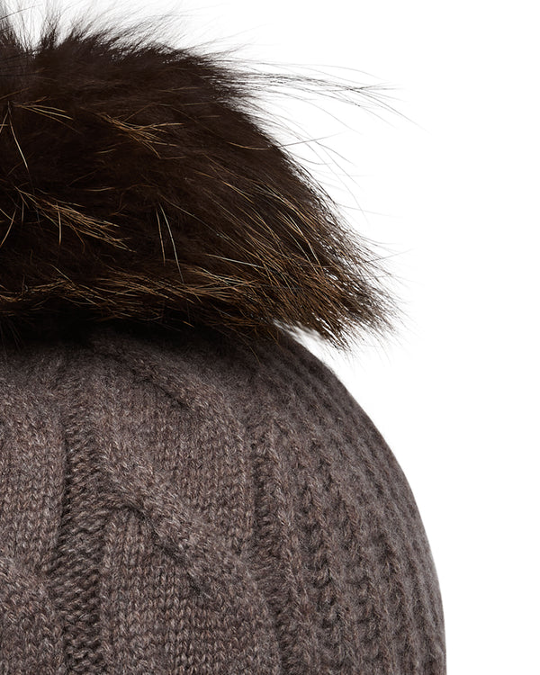 N.Peal Women's Cable Cashmere Hat With Fur Pom Otter Brown