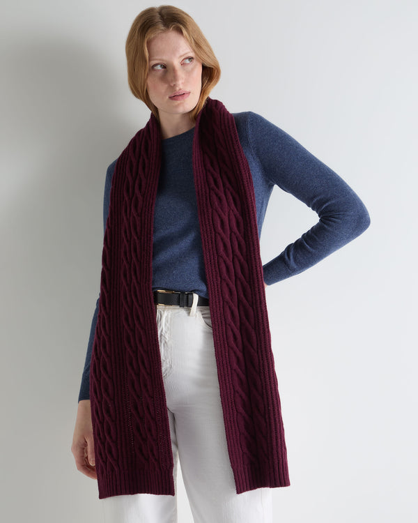 N.Peal Women's Cable Rib Cashmere Scarf Bordeaux Red