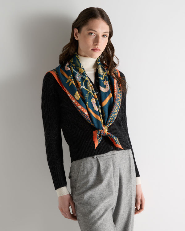 N.Peal Women's Cashmere Silk Printed Foulard Navy Blue