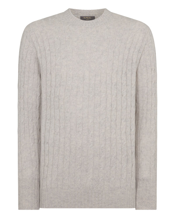 N.Peal Men's Thames Cable Round Neck Cashmere Jumper Nougat Brown Marl