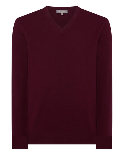 N.Peal Men's Burlington V Neck Cashmere Jumper Bordeaux Red