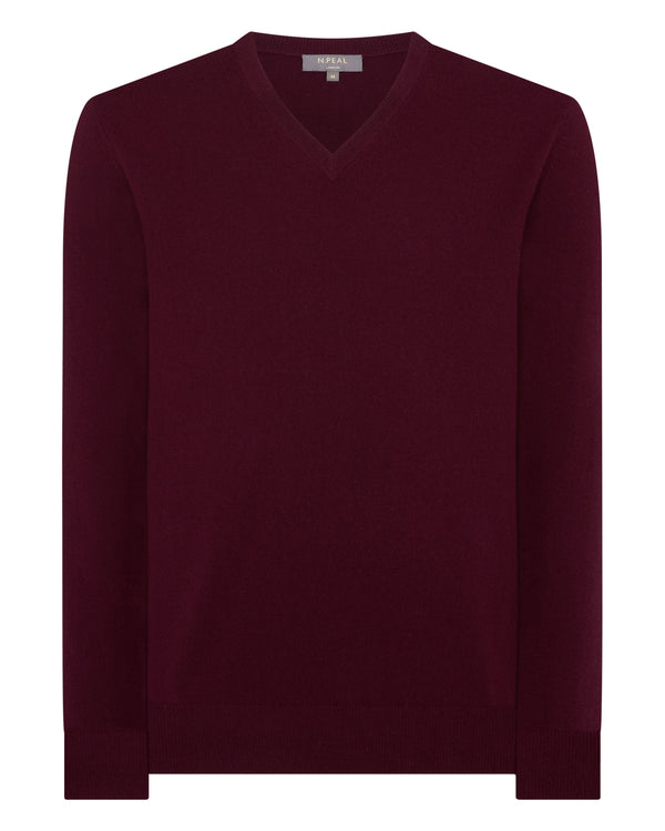 N.Peal Men's Burlington V Neck Cashmere Jumper Bordeaux Red