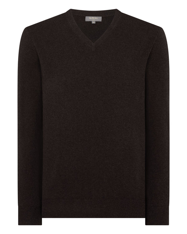 N.Peal Men's Burlington V Neck Cashmere Jumper Chocolate Brown