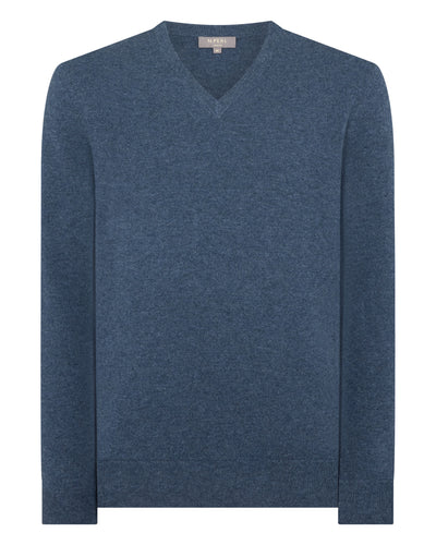 N.Peal Men's Burlington V Neck Cashmere Jumper Light Denim Blue